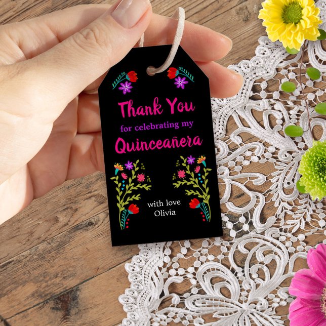Étiquettes-cadeau Merci mexicain Fiesta Floral Black Quinceanera (Quinceanera favor tags from my Mexican Fiesta Floral collection
)