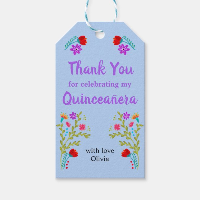 Étiquettes-cadeau Merci Mexicaine Fiesta Lumière Quinceanera Bleue (Devant)