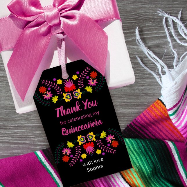 Étiquettes-cadeau Merci mexicaine Fiesta Party Black Quinceanera (Quinceanera thank you tag from my Mexican Fiesta Party collection)