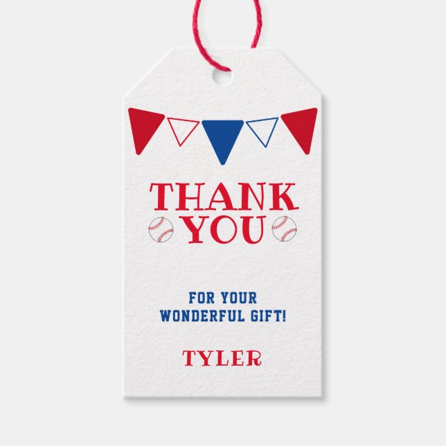 Étiquettes-cadeau Merci moderne de baseball bleu et rouge Favoriser (Devant)