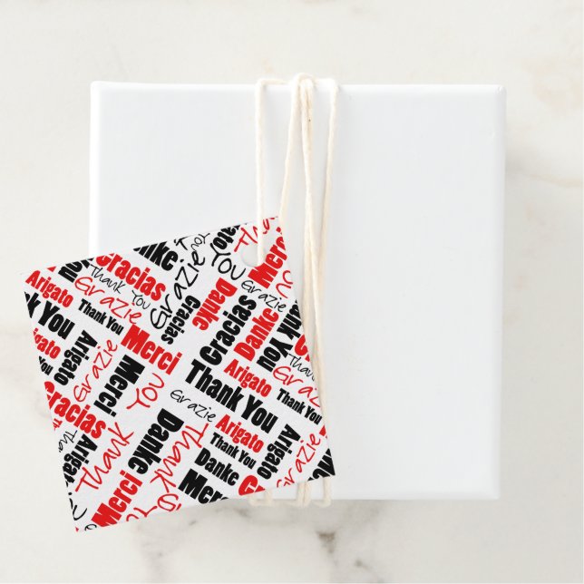 Étiquettes Cadeau Merci multilingue Typographie Collage Rouge Noir (En situation)