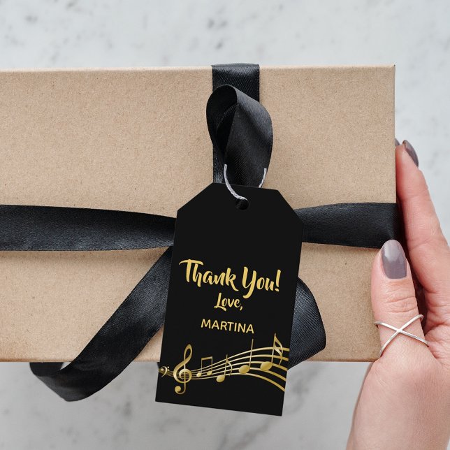 Étiquettes-cadeau Merci musique note noir or nom (Créateur téléchargé)
