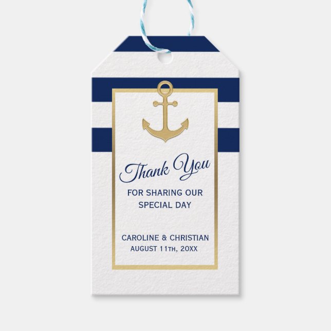 Étiquettes-cadeau MERCI Nautical Marine Blue Ancre Mariage (Devant)