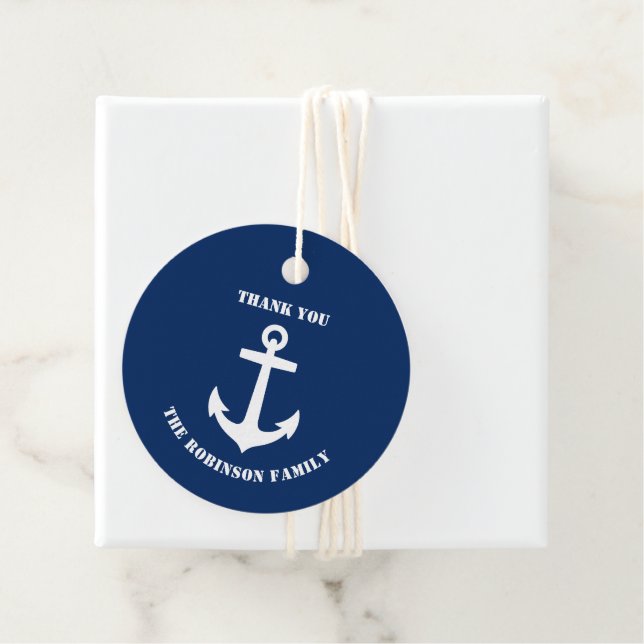 Étiquettes Cadeau Merci Nom de famille Ancre de bateau Marine Bleu (En situation)