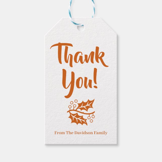 Étiquettes-cadeau Merci orange chute feuilles nom Thanksgiving (Devant)