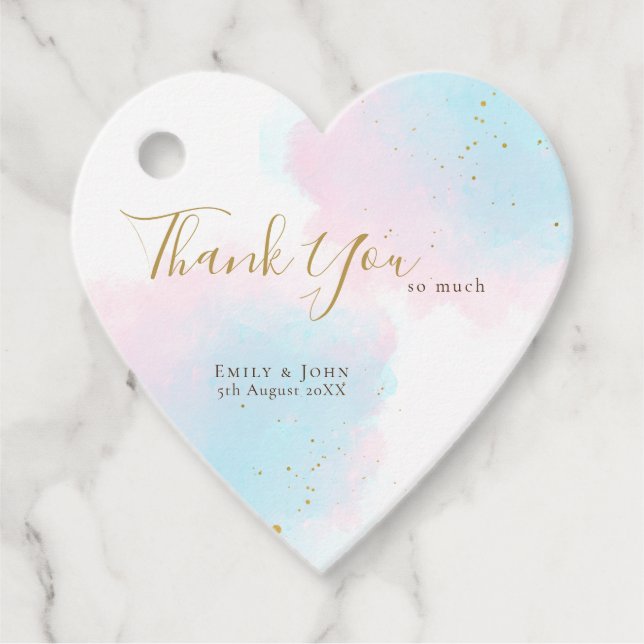 Étiquettes Cadeau Merci Pastel Aquarelles/Noms/Date Coeur Mariage (Devant)