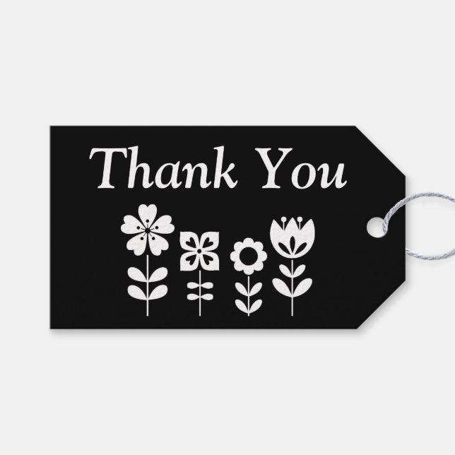 Étiquettes-cadeau Merci personnalisé Fleurs noires et blanches (Devant (Horizontal))