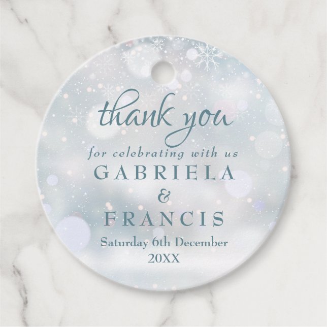Étiquettes Cadeau Merci Premiers Snowflakes hiver Mariage Favor Ta (Devant)