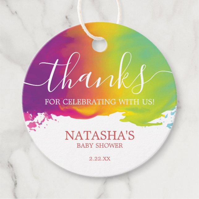 Étiquettes Cadeau Merci Rainbow Watercolor Paint Splatz, Orange (Devant)