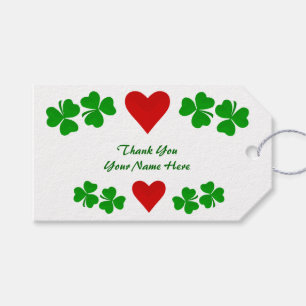 Étiquettes-cadeau Merci Shamrock irlandais avec bordure et cœur roug