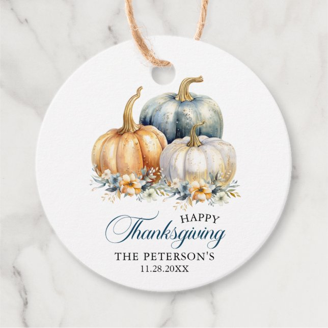 Étiquettes Cadeau Merci Thanksgiving Blue Orange Gold Citrouilles (Devant)