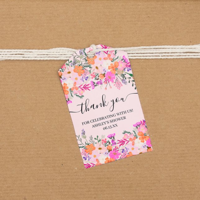 Étiquettes-cadeau Merci typographie prairie fleurs sauvages (Thank you typography pastel meadow wild flowers gift tags)