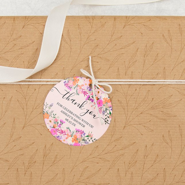 Étiquettes Cadeau Merci typographie prairie fleurs sauvages pastel (Thank you typography pastel meadow wild flowers favor tags)