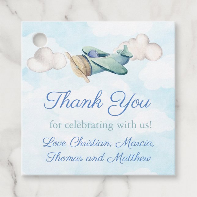 Étiquettes Cadeau Merci Whimsical D'Avion Pour Le Baptême D'Annivers (Devant)