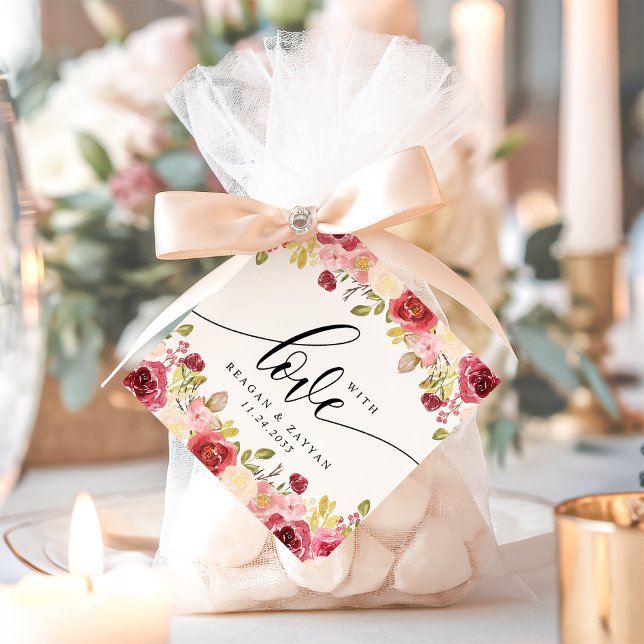 Étiquettes Cadeau Merlot Bourgogne Mariage Floral Avec Amour (Créateur téléchargé)