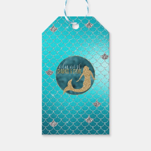 Étiquettes-cadeau Mermaid Aqua Gold Parties scintillant étincelle en (Devant)