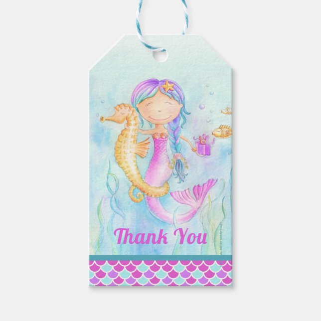 Étiquettes-cadeau Mermaid et seahorse whimsy aquarelle merci (Devant)