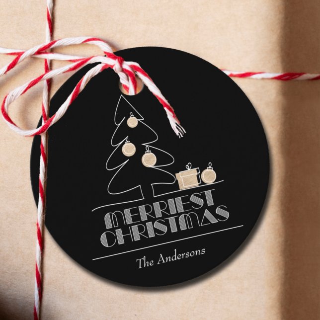 Étiquettes Cadeau Merriest Christmas Tree Black Holiday (Merriest Christmas Black and Gold Gift or Favor Tags)