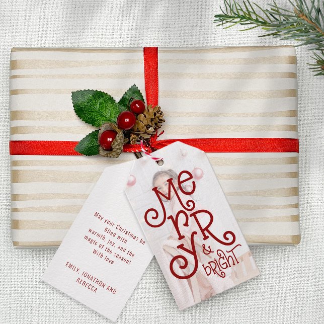Étiquettes-cadeau Merry Bright Photo Overover Berry Red Christmas (Front and back view)