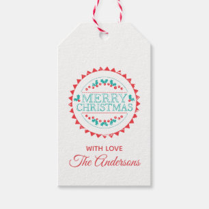 Étiquettes-cadeau Merry Christmas Aqua & Red Chalk Stamp Typografy