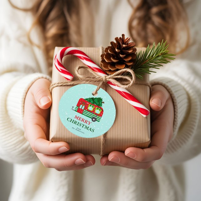 Étiquettes Cadeau Merry Christmas Red Caravan Christmas Tree Custom  (Créateur téléchargé)