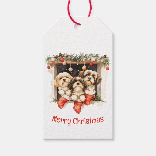 Étiquettes-cadeau Merry Christmas Shih Tzu Dogs (Devant)