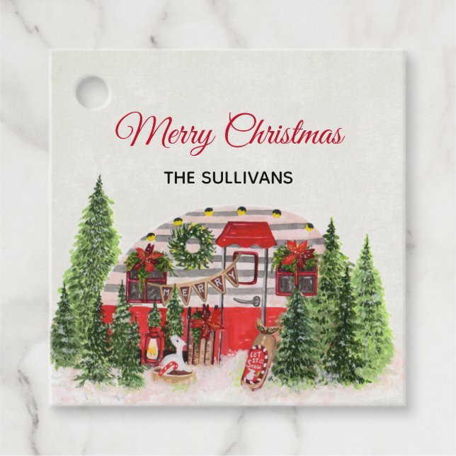 Étiquettes Cadeau Merry Christmas Trailer Camper Rustic Scene (Devant)