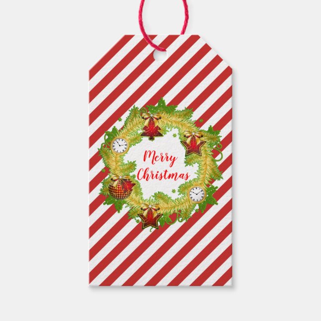 Étiquettes-cadeau Merry Christmas Wreath and Stripes (Devant)