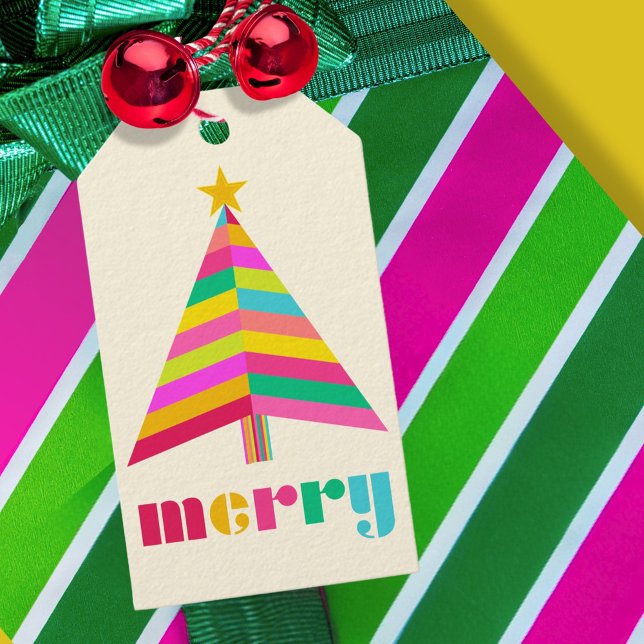Étiquettes-cadeau merry Colorful Striped Christmas Tree Off White (merry fun bright geometric stripe tree gift tag with shell white background)