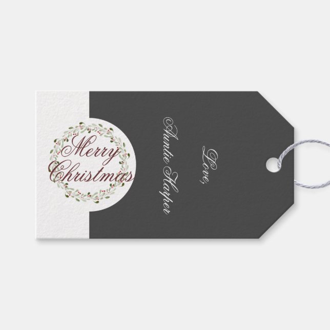 Étiquettes-cadeau Merry noël aquarelle couronne noir charbon (Devant (Horizontal))