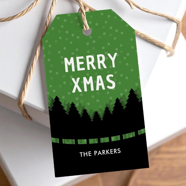 Étiquettes-cadeau Merry Xmas vert rétro avec pins et neige (Créateur téléchargé)
