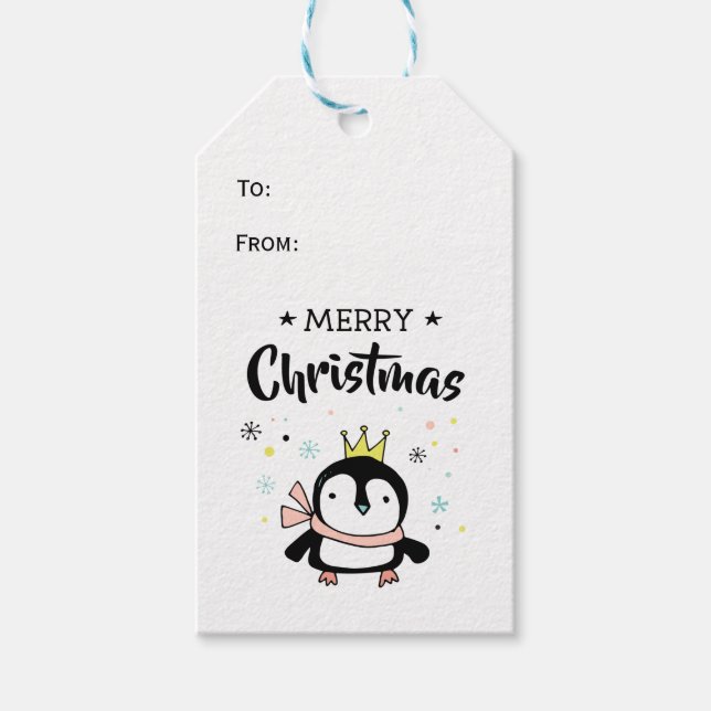 Étiquettes-cadeau Merveille de manchots rétro couronne or de noël (Devant)