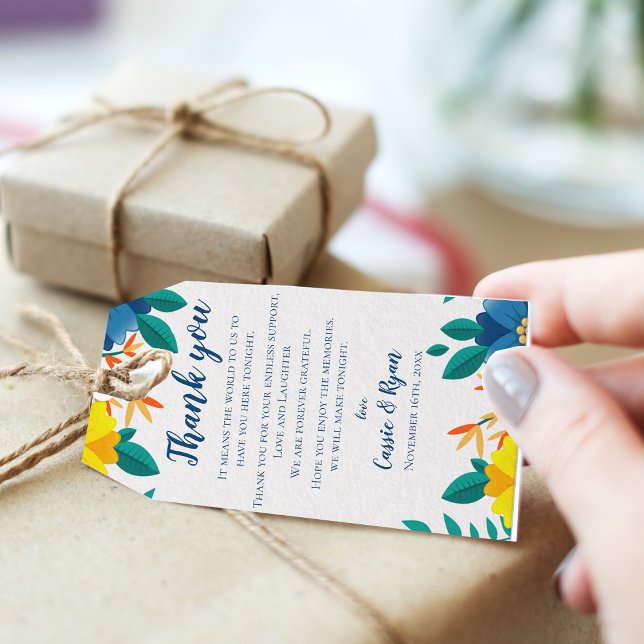 Étiquettes-cadeau Message de Merci Mariage bleu jaune chic (Chic Blue Yellow Floral Wedding Thank you Message Gift Tags)