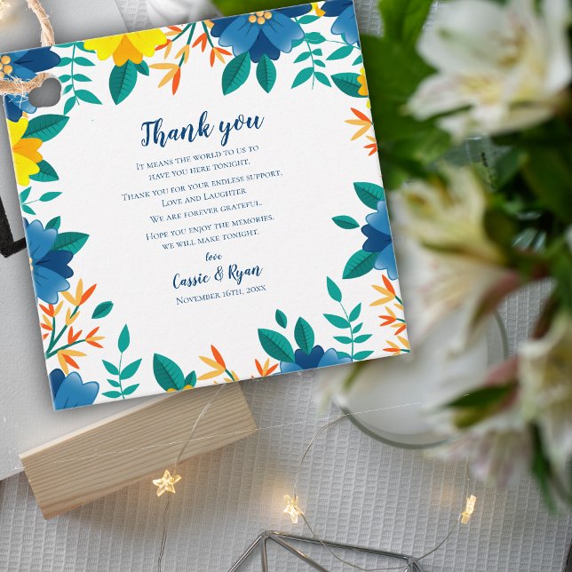 Étiquettes Cadeau Message de Merci Mariage bleu jaune chic (Chic Blue Yellow Floral Wedding Thank you Message Favor Tags)