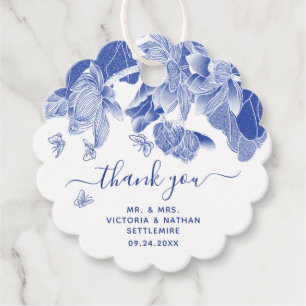 Étiquettes Cadeau Message de remerciement floral bleu et blanc éléga