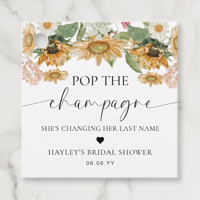 Étiquettes Cadeau Mews Sunflower Pop the Champagne Fête de Fiançaill (Devant)