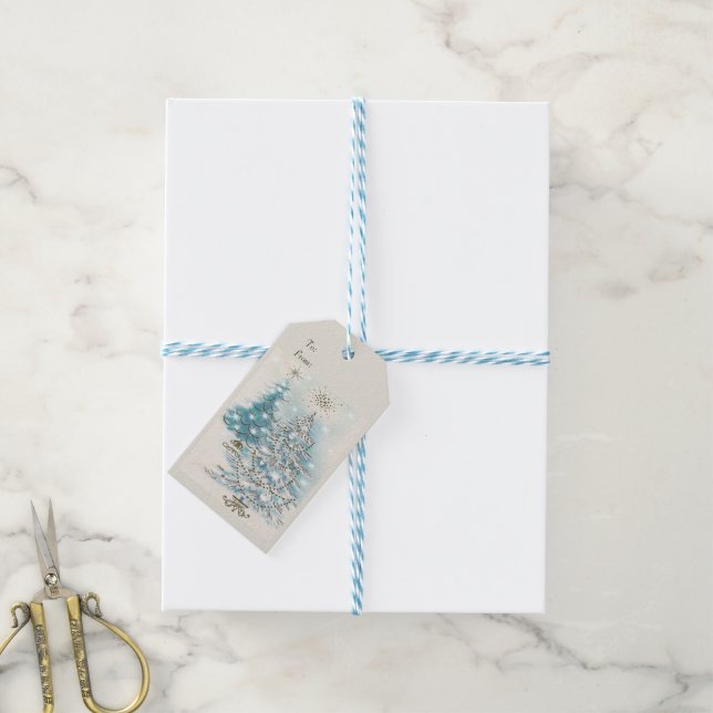 Étiquettes-cadeau Mi-siècle Moderne Bleu Arbres de Noël Argent (Avec de laficelle)