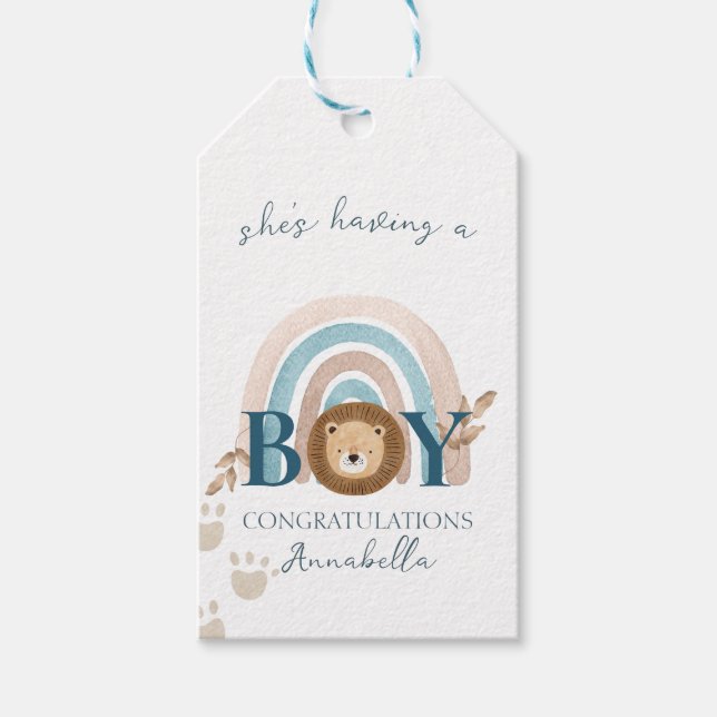 Étiquettes-cadeau Mignon Boho Bébé Garçon Empreintes de Patte de Lio (Devant)