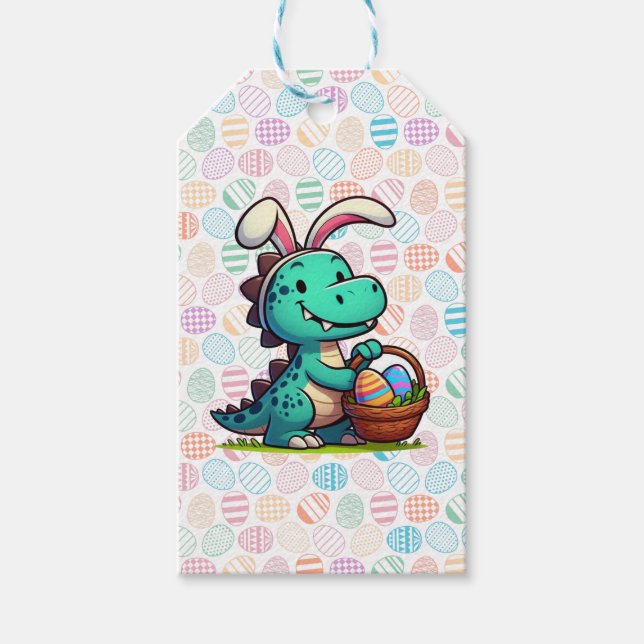 Étiquettes-cadeau Mignon dinosaure lapin de Pâques (Devant)