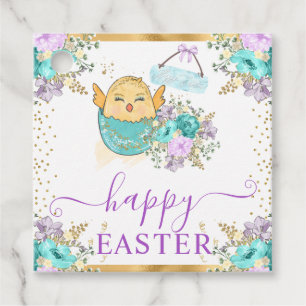 Étiquettes Cadeau Mignon poussin et œufs de Pâques floraux à l'aquar
