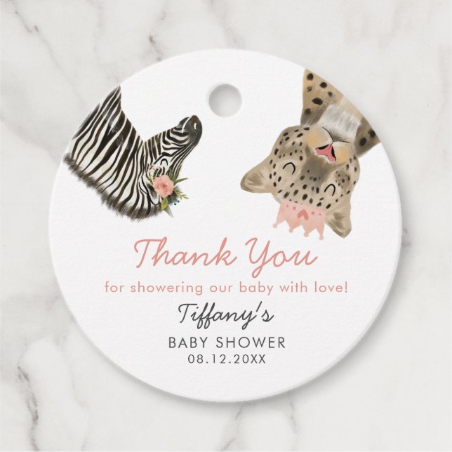 Étiquettes Cadeau Mignon Safari Animaux Fille Baby shower Favoriser  (Devant)