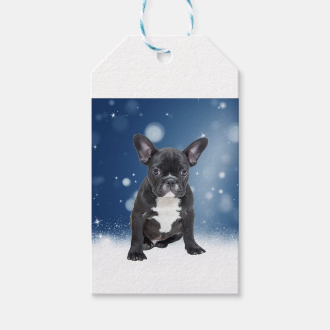 Étiquettes-cadeau Mignonne French Bulldog Etoiles de neige Bleu Noël (Devant)
