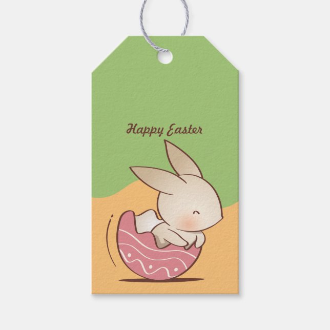 Étiquettes-cadeau Mignonne lapin tiré à la main, Oeuf de Pâques rose (Devant)