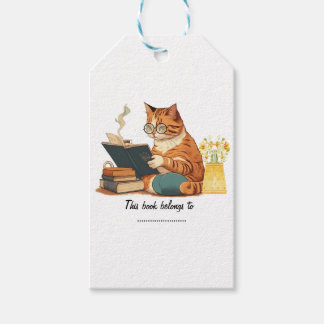 Étiquettes-cadeau mignonne maman chat lire un livre et boire du café