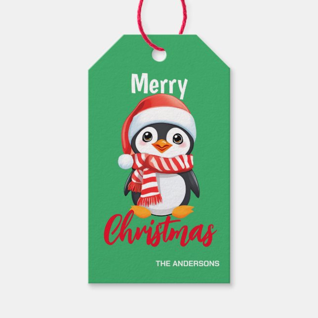Étiquettes-cadeau Mignonne Noël Maman Pingouin Enfant Père Noël Écha (Devant)