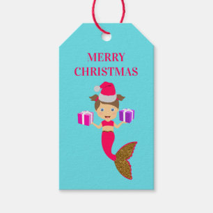 Étiquettes-cadeau Mignonne Noël Sirène Fille Santa Chapeau en Mer No