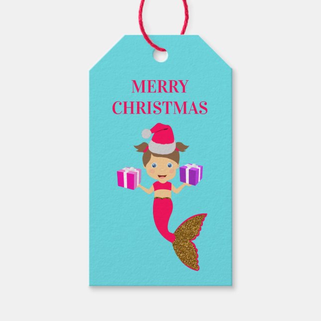 Étiquettes-cadeau Mignonne Noël Sirène Fille Santa Chapeau en Mer No (Devant)