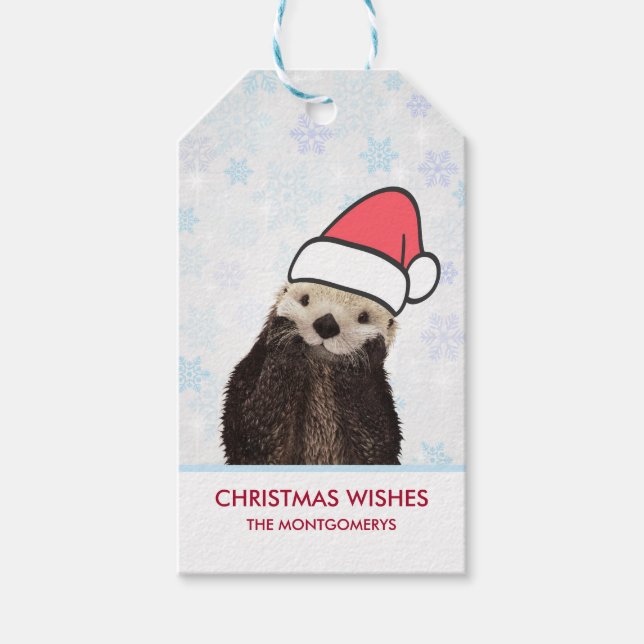 Étiquettes-cadeau Mignonne Otter portant un chapeau de Père Noël (Devant)