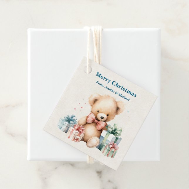 Étiquettes Cadeau Mignonne ours en peluche Joyeux Noël (En situation)