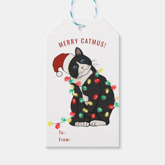Étiquettes-cadeau Mignonne Personnalisée Merry CatMus Drôle Noël (Devant)